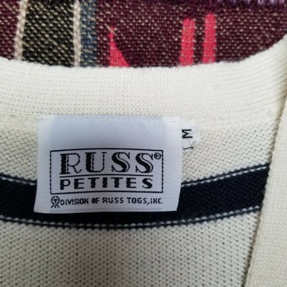 Russ Petites Women's Medium Striped Navy White Button Cardigan Sweater Casual - Picture 2 of 7